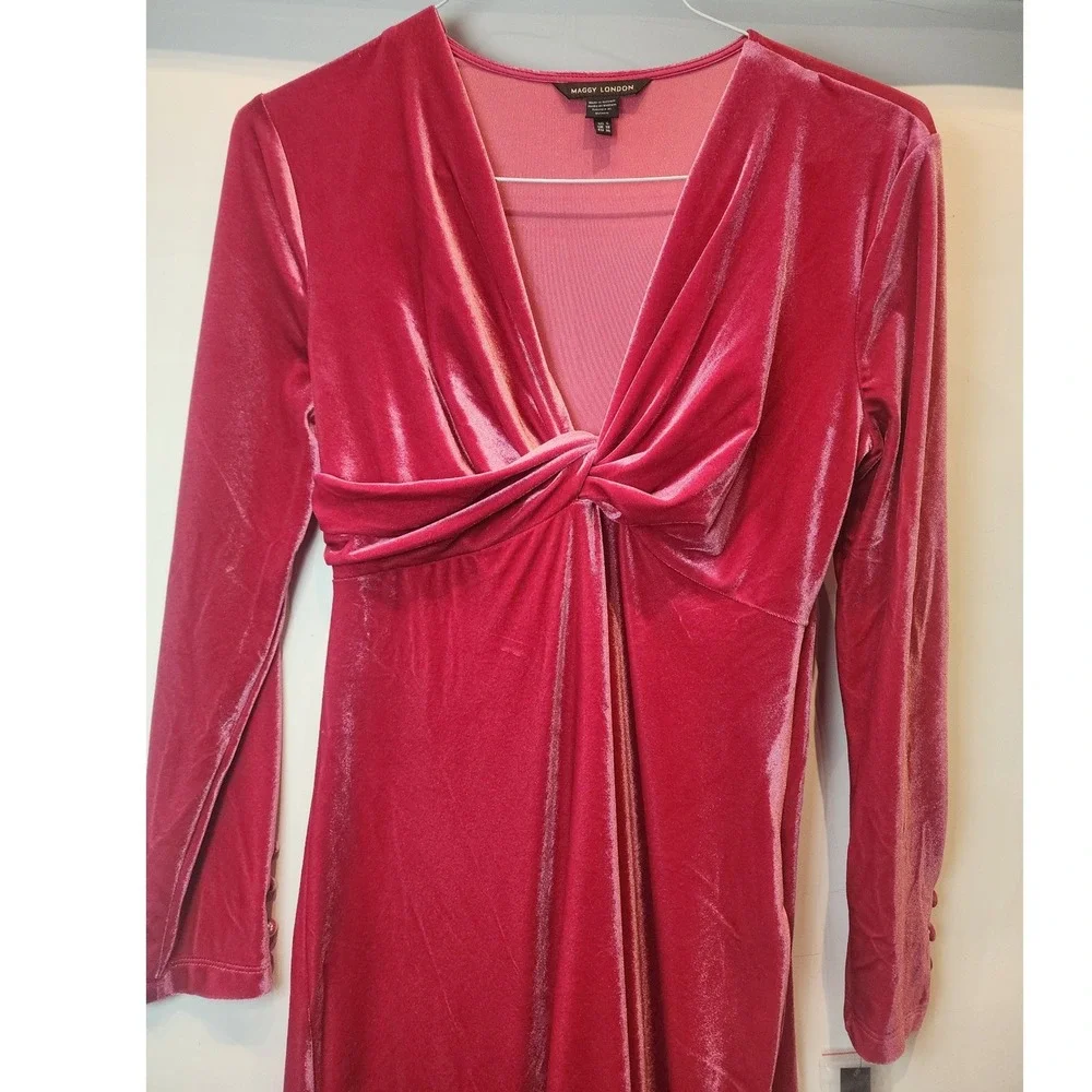 Maggy London Velvet Twist Front Midi Dress Cherry Pink Womens Size 6 Festive NWT